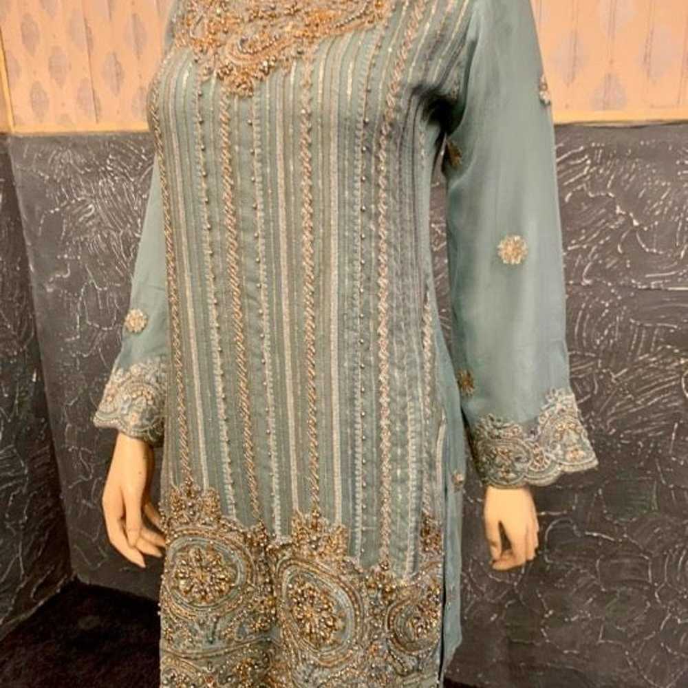 PAKISTANI SEA GREEN 3PCS CHIFFON FANCY GHARARA DR… - image 8