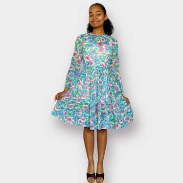 60s Pink and Blue Floral Dress - image 1
