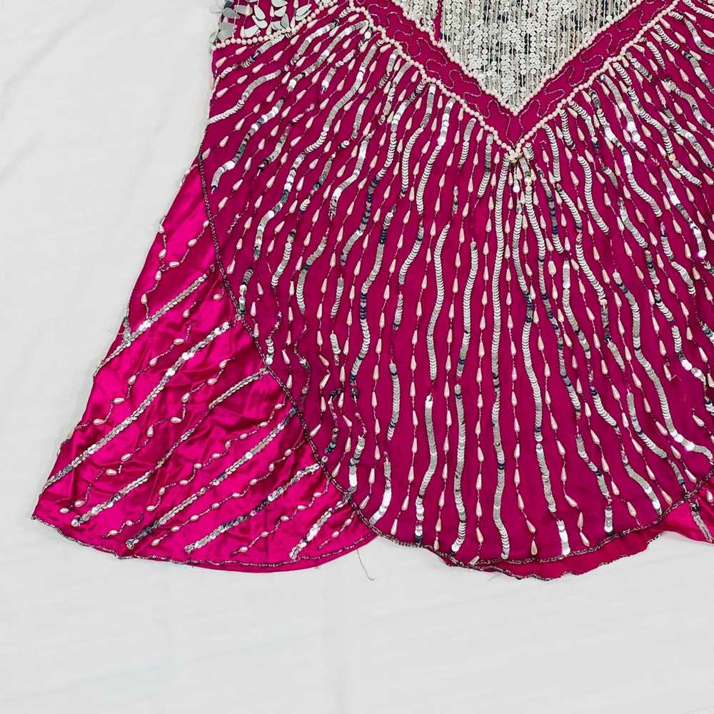 VINTAGE WOMEN BEADED SEQUIN PINK & SILVER DRESS Q… - image 4