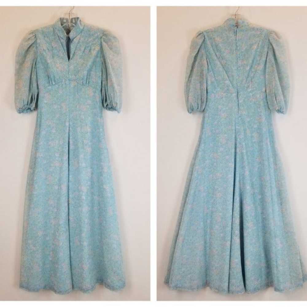 Vintage 60s Dusty Blue Floral Fall or Summer Maxi… - image 1