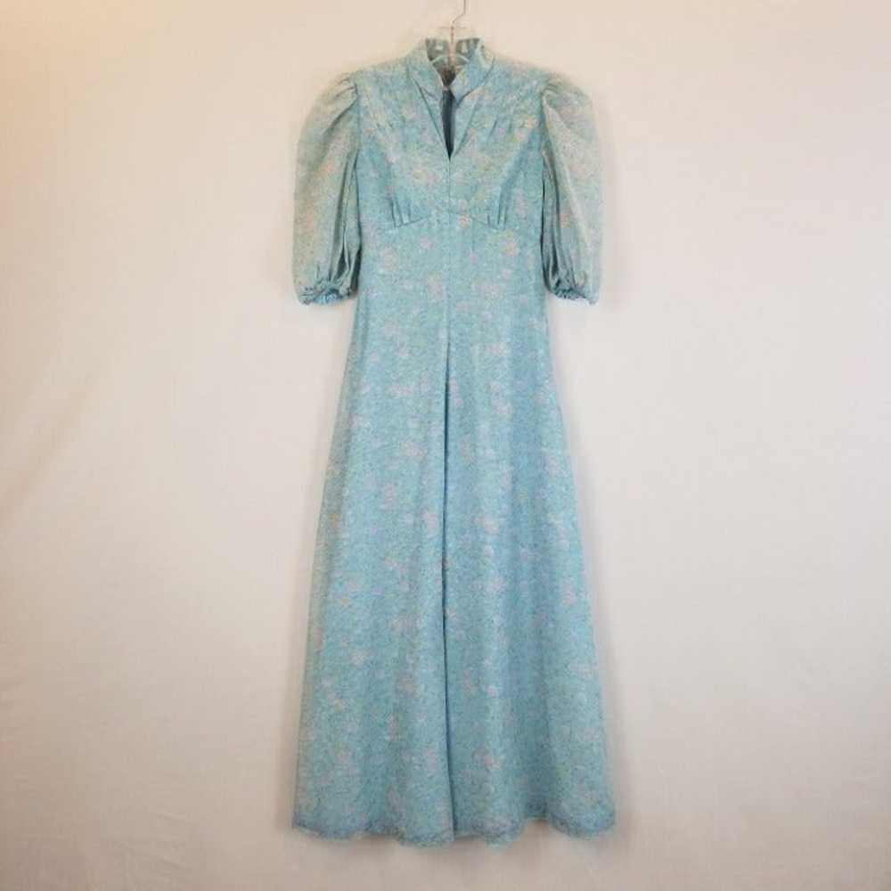 Vintage 60s Dusty Blue Floral Fall or Summer Maxi… - image 2