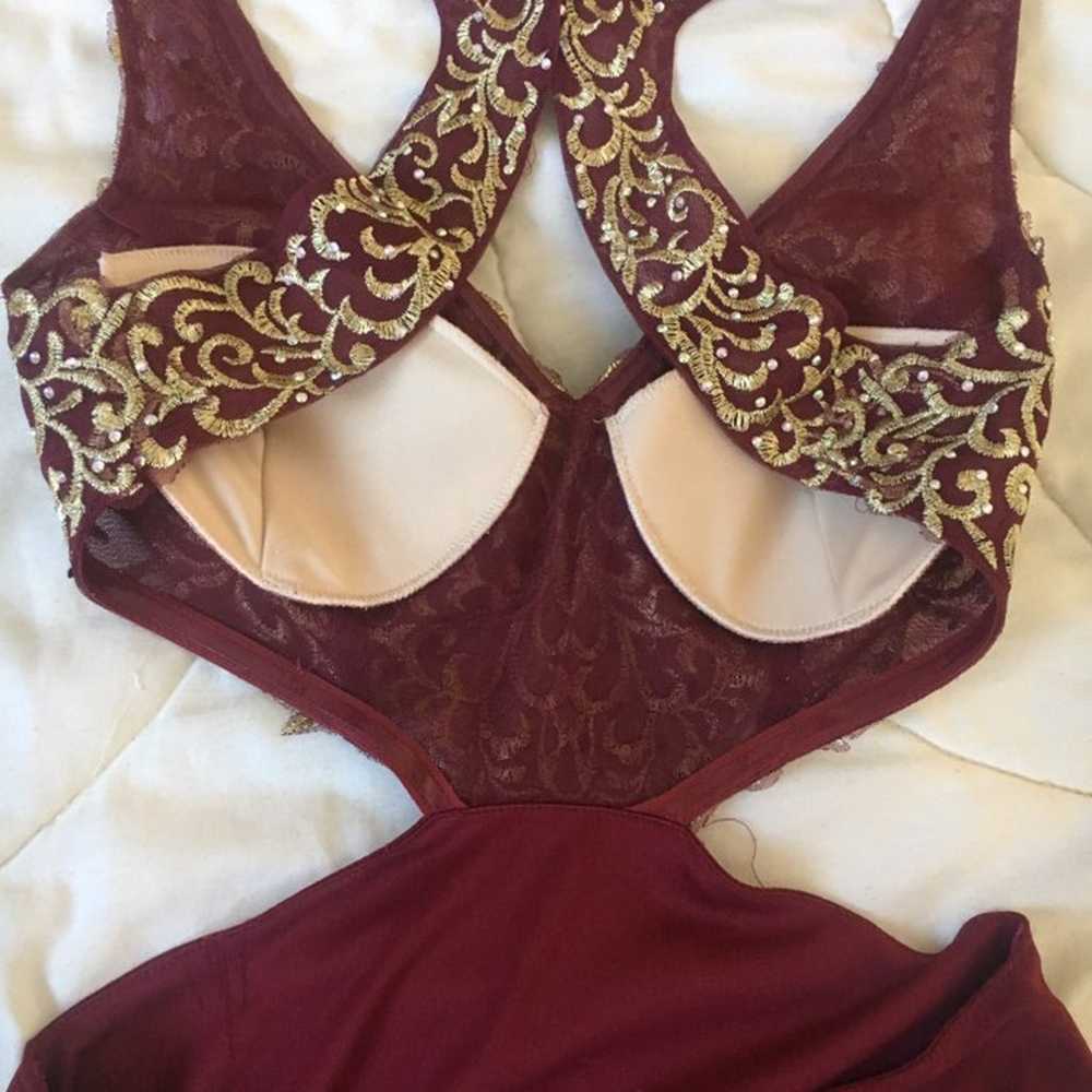 Red and gold cutout prom dress - image 3