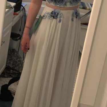 White & Blue/Green Flower Prom Dress