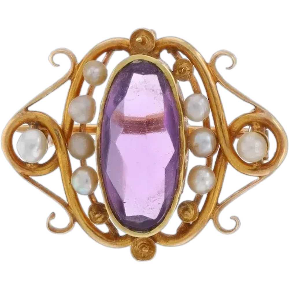 Yellow Gold Amethyst Pearl Edwardian Brooch/Penda… - image 1