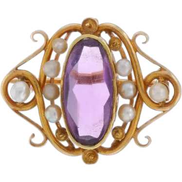 Yellow Gold Amethyst Pearl Edwardian Brooch/Penda… - image 1