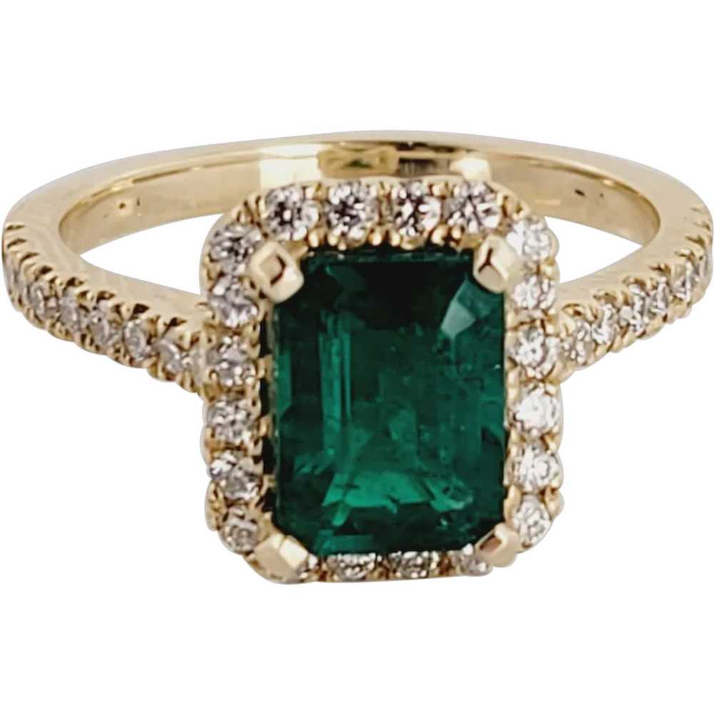 Emerald Cut Emerald Ring with White Diamond and 1… - image 1