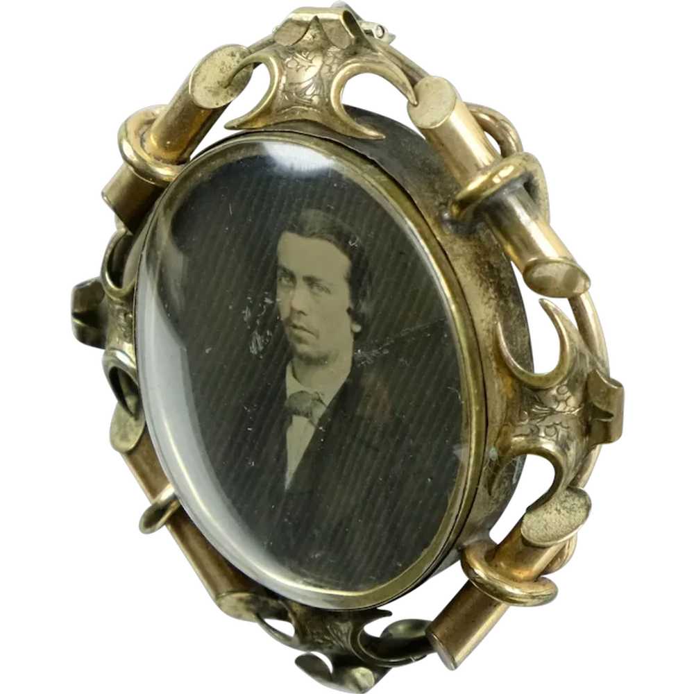 Large Victorian Gold Photo Brooch Curved Glass - image 1