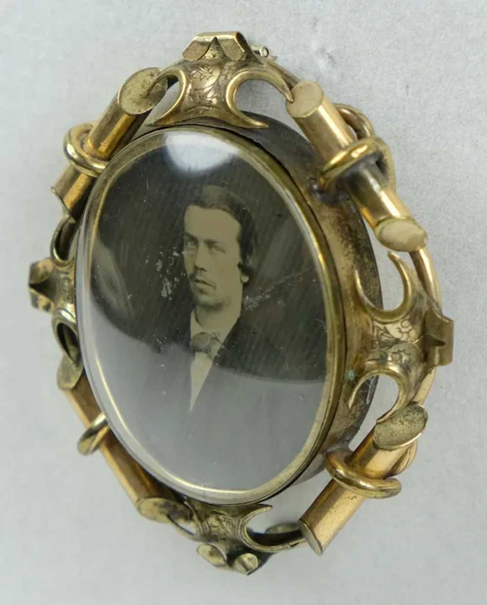 Large Victorian Gold Photo Brooch Curved Glass - image 9