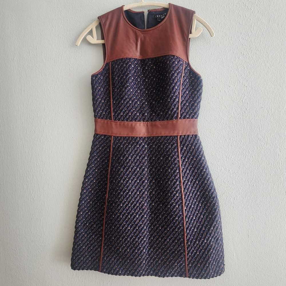 Theory Calvino Navy Tweed and brown Leather dress - image 3