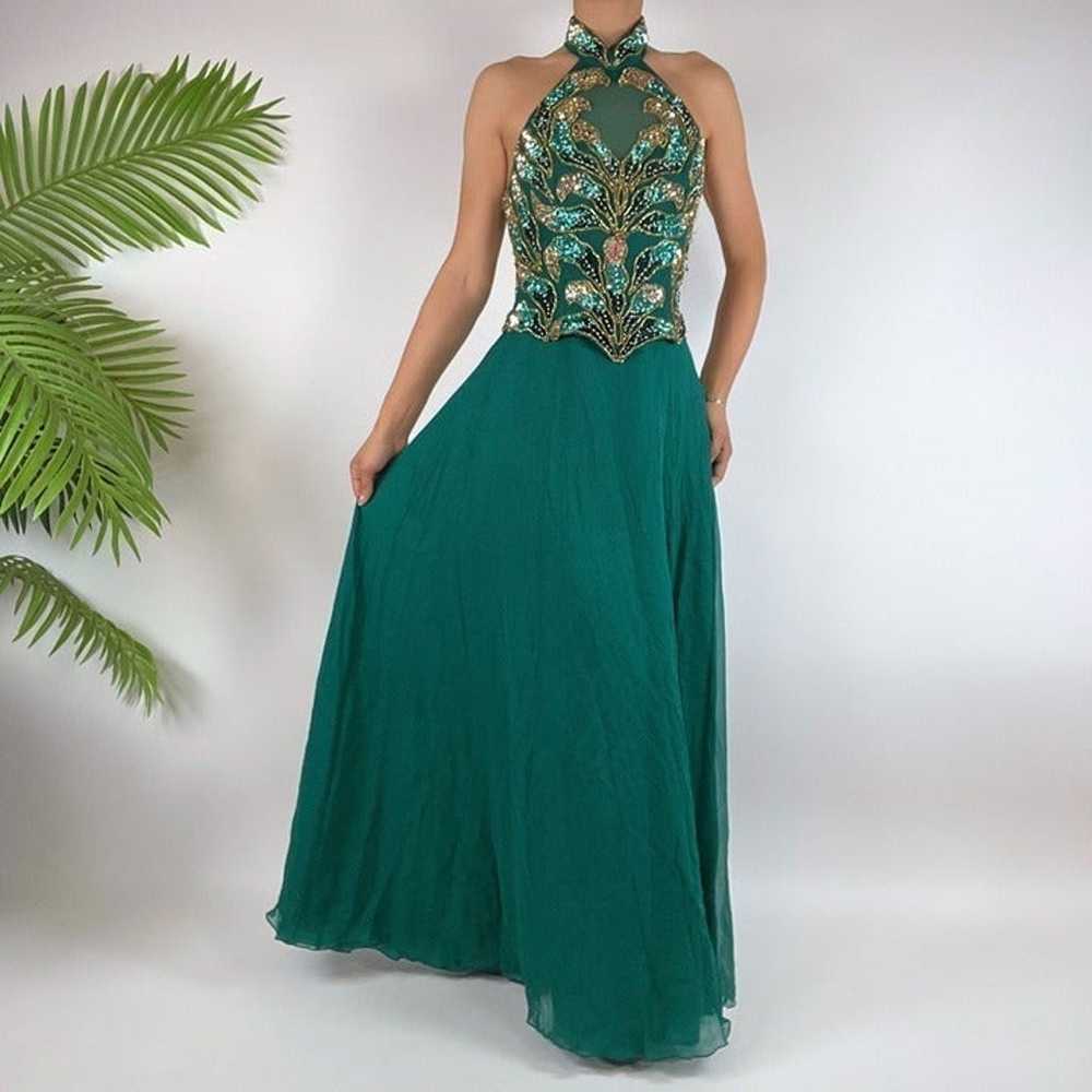 Vintage Y2K Green Fairycore Silk Sequin Beaded Sl… - image 1
