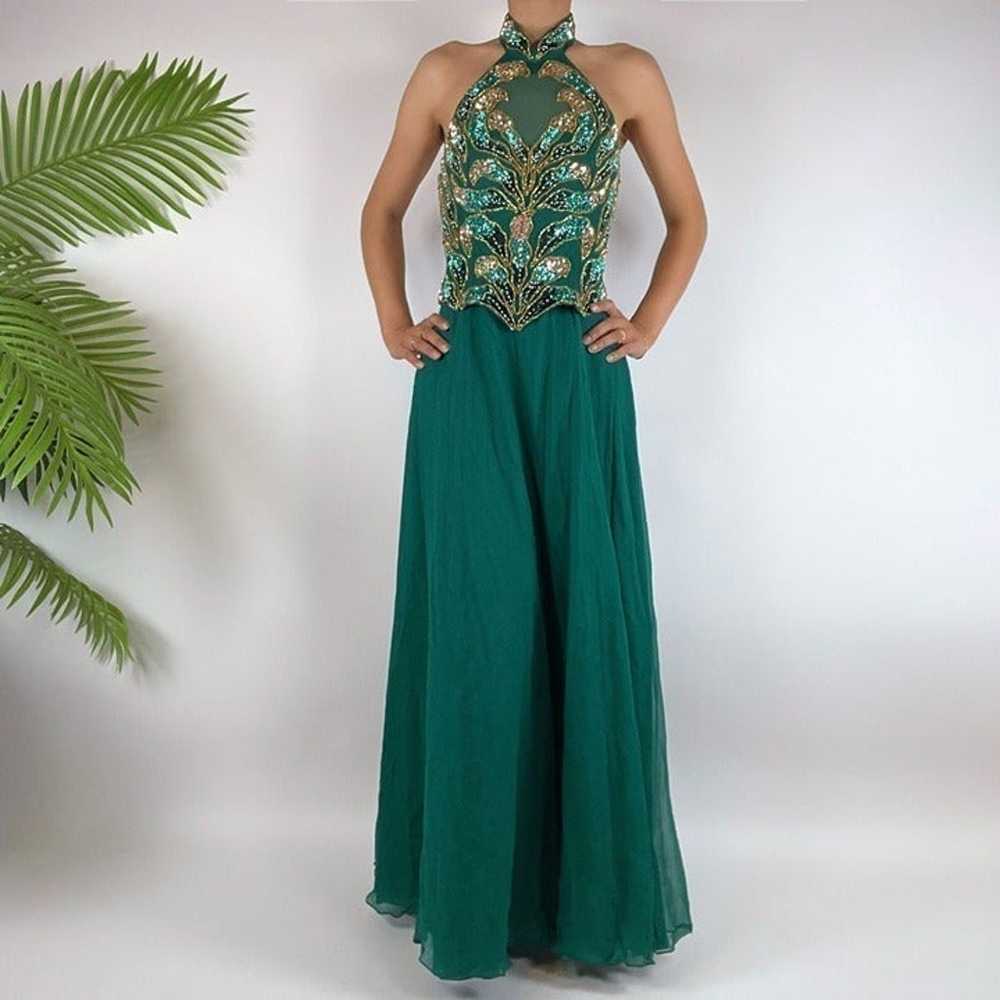 Vintage Y2K Green Fairycore Silk Sequin Beaded Sl… - image 3