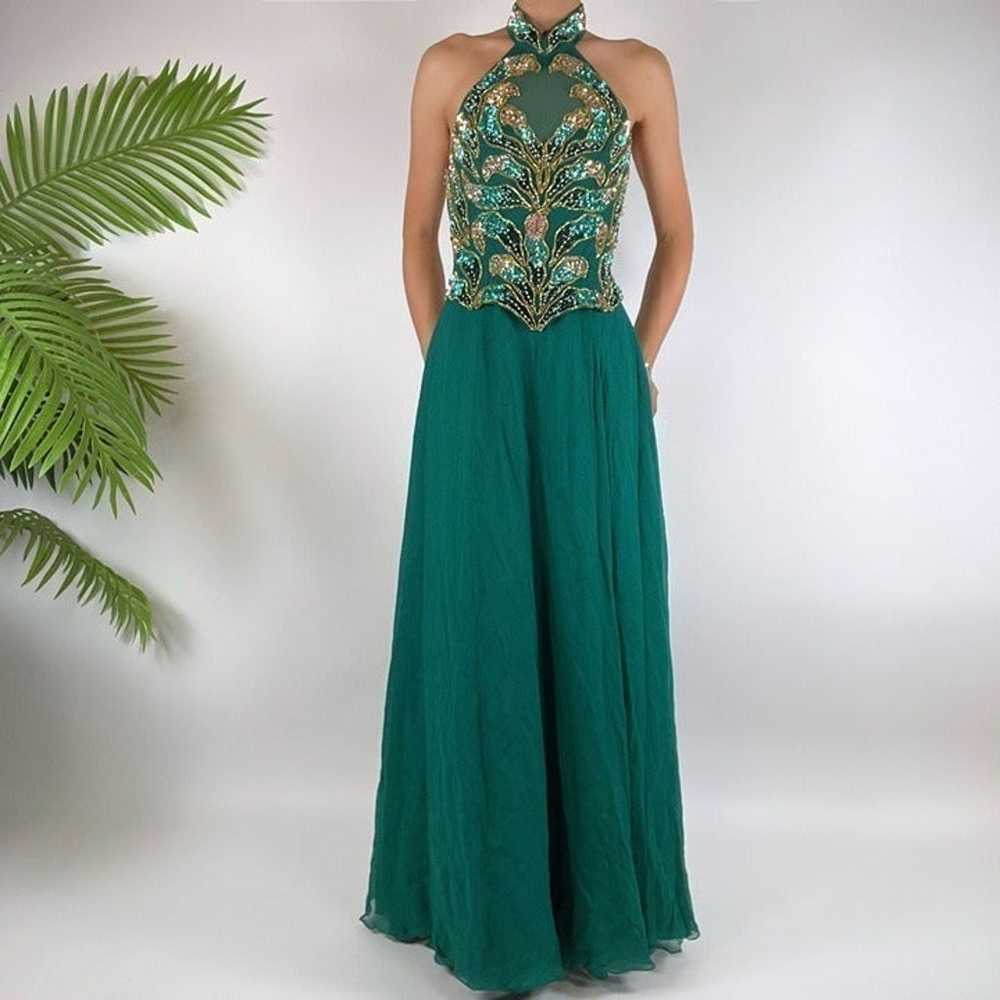 Vintage Y2K Green Fairycore Silk Sequin Beaded Sl… - image 4