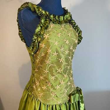 Silk embroidered party frock, olive green - image 1