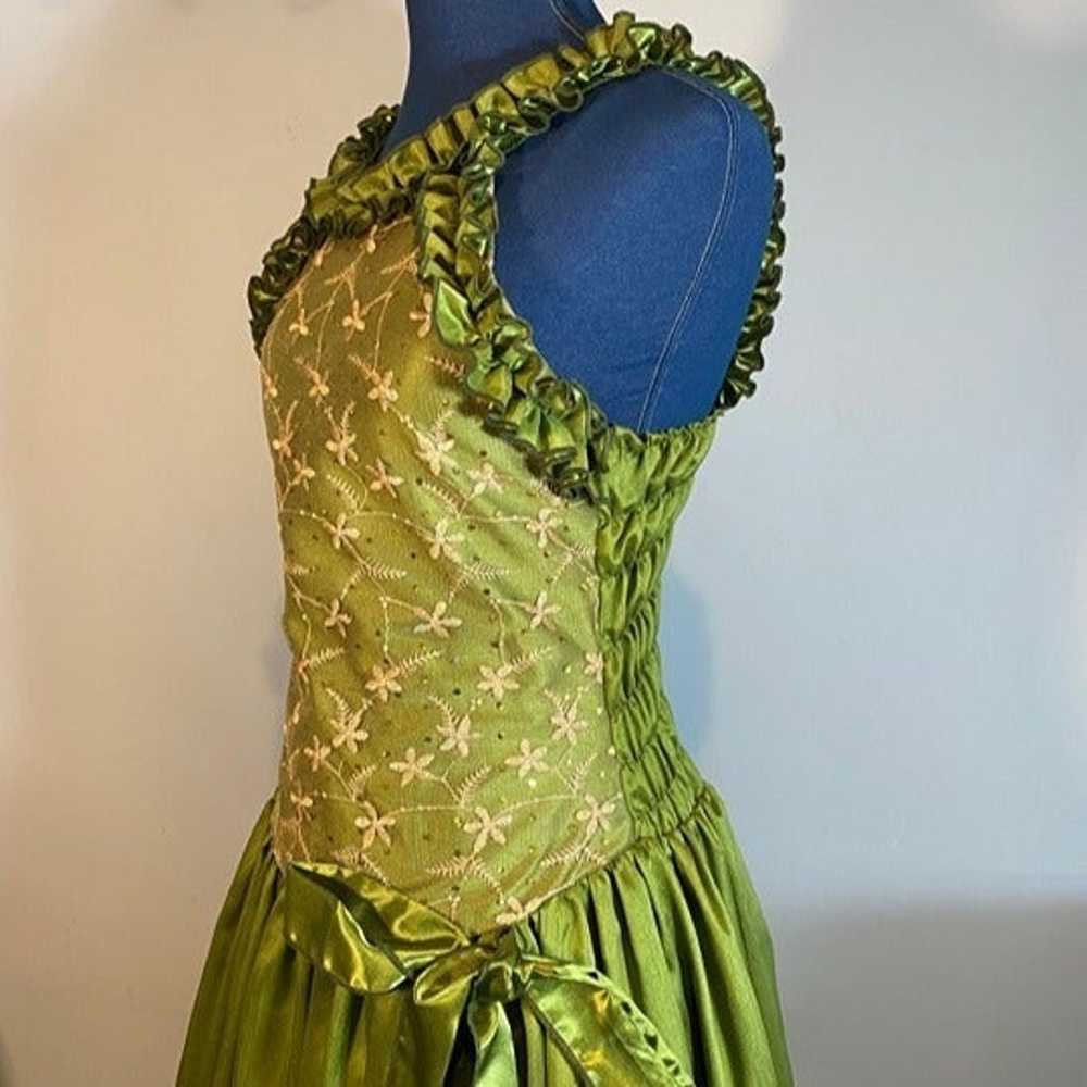 Silk embroidered party frock, olive green - image 2