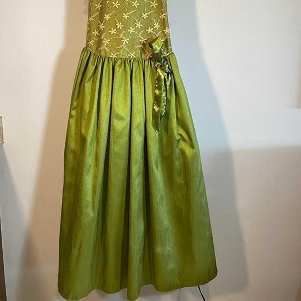 Silk embroidered party frock, olive green - image 5