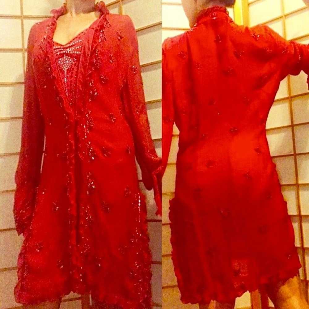 Hand beaded Red Silk Chiffon Shirt Dress - image 1