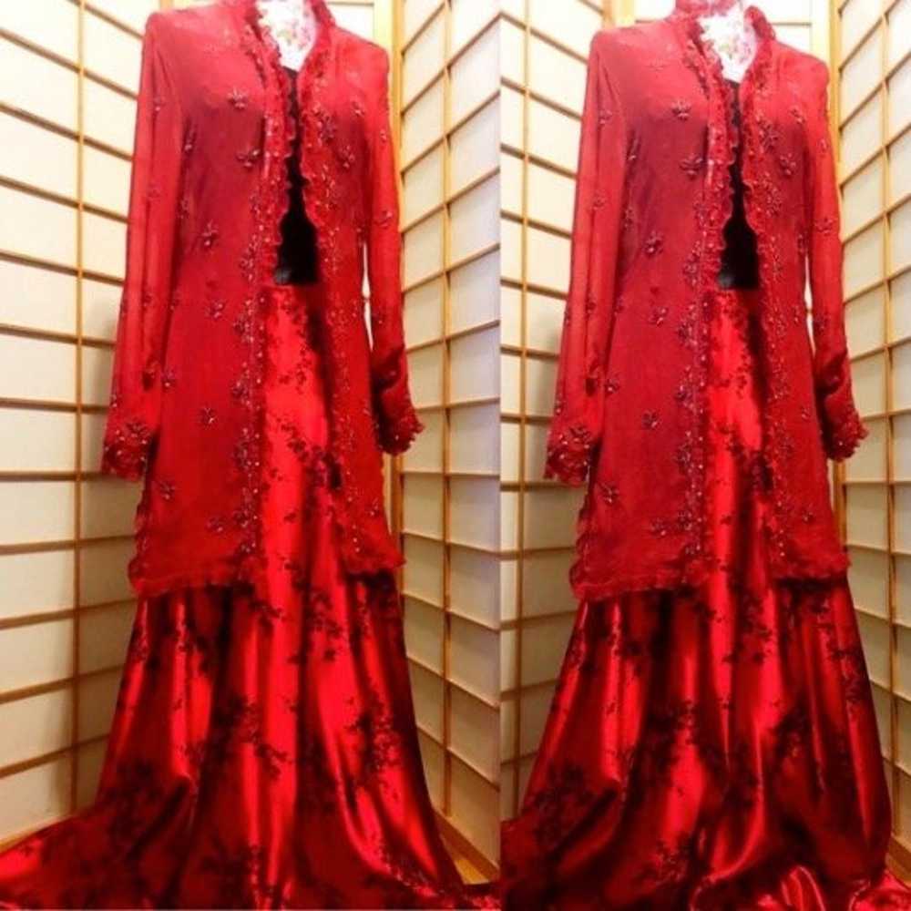Hand beaded Red Silk Chiffon Shirt Dress - image 3
