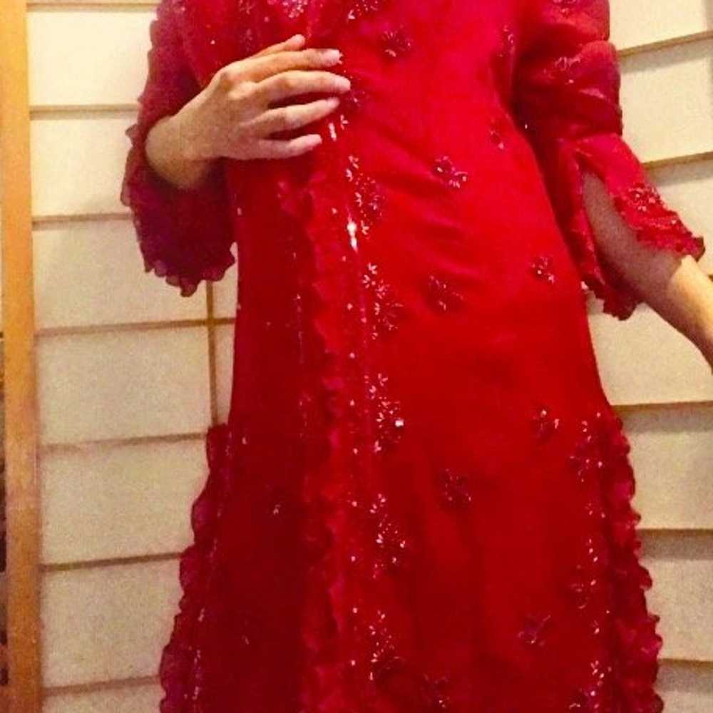 Hand beaded Red Silk Chiffon Shirt Dress - image 4