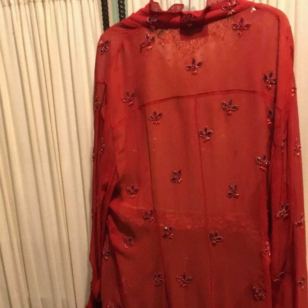 Hand beaded Red Silk Chiffon Shirt Dress - image 5