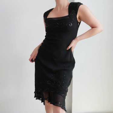 black silk dress|90s y2k vintage beaded square ne… - image 1