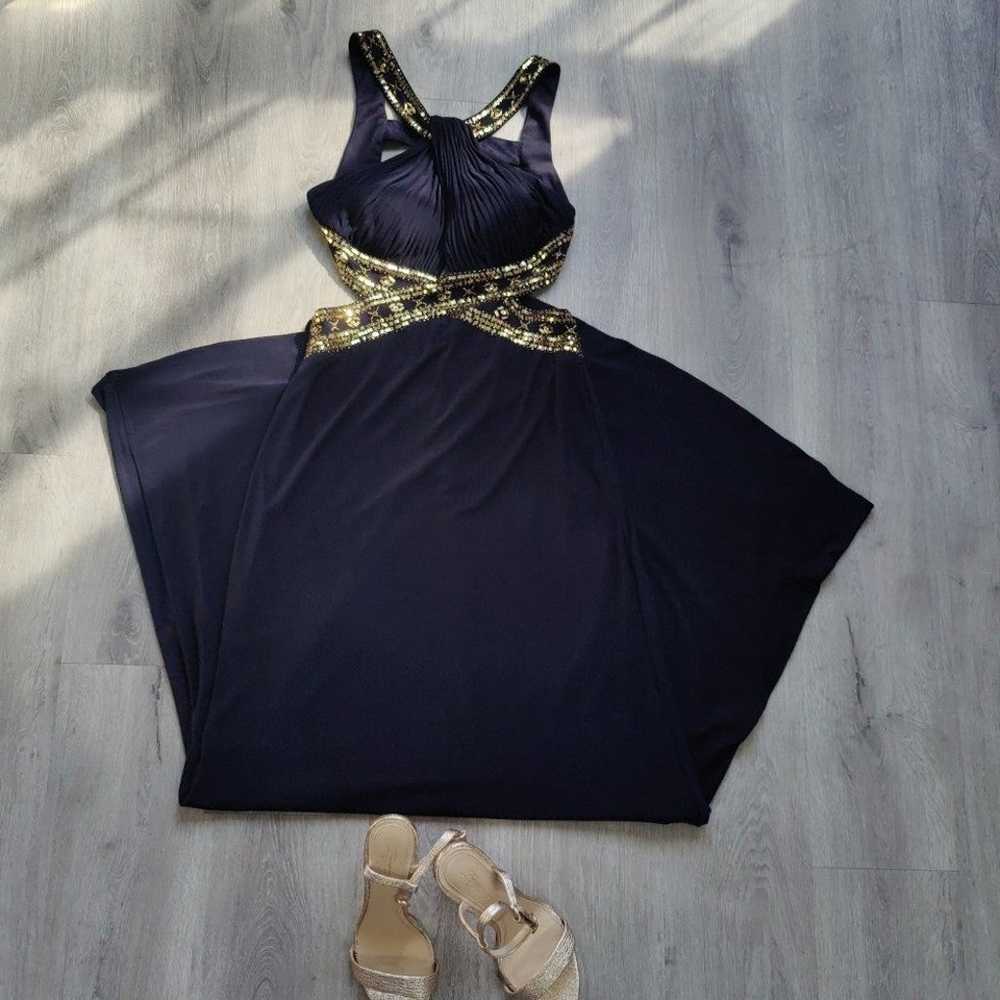 NWOT Navy and Gold Sequin Backless Maxi Formal Dr… - image 1