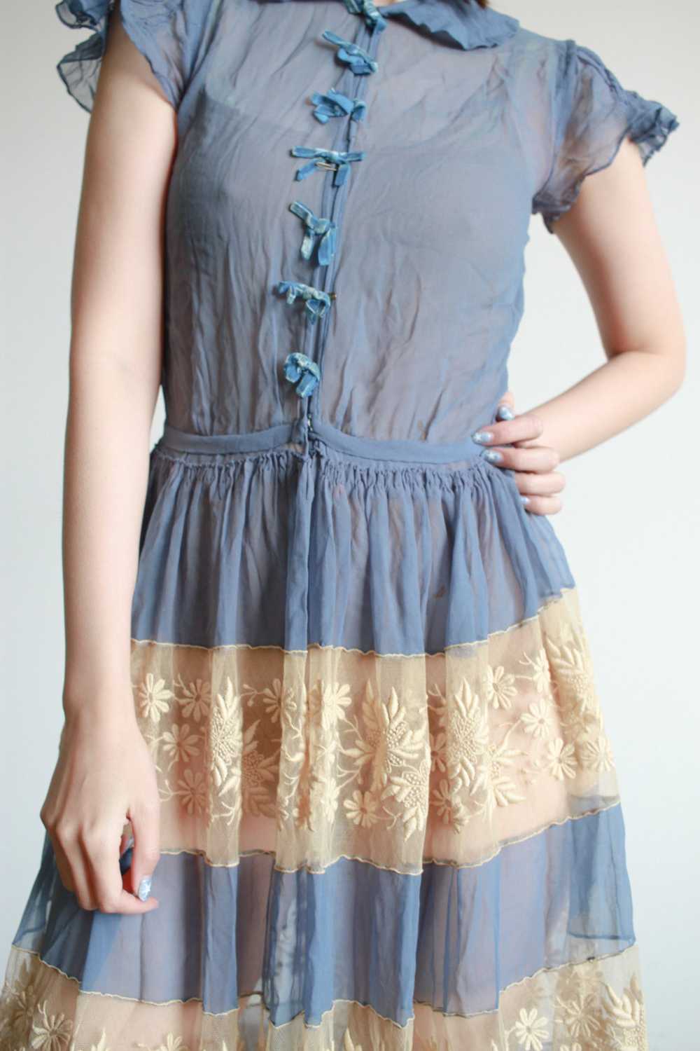 Antique Cerulean Silk Chiffon Lace Dress - image 10