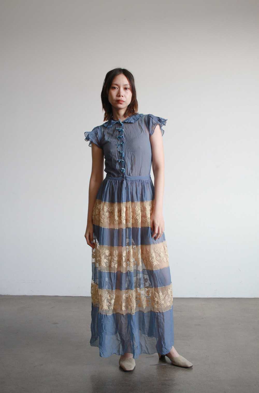 Antique Cerulean Silk Chiffon Lace Dress - image 1