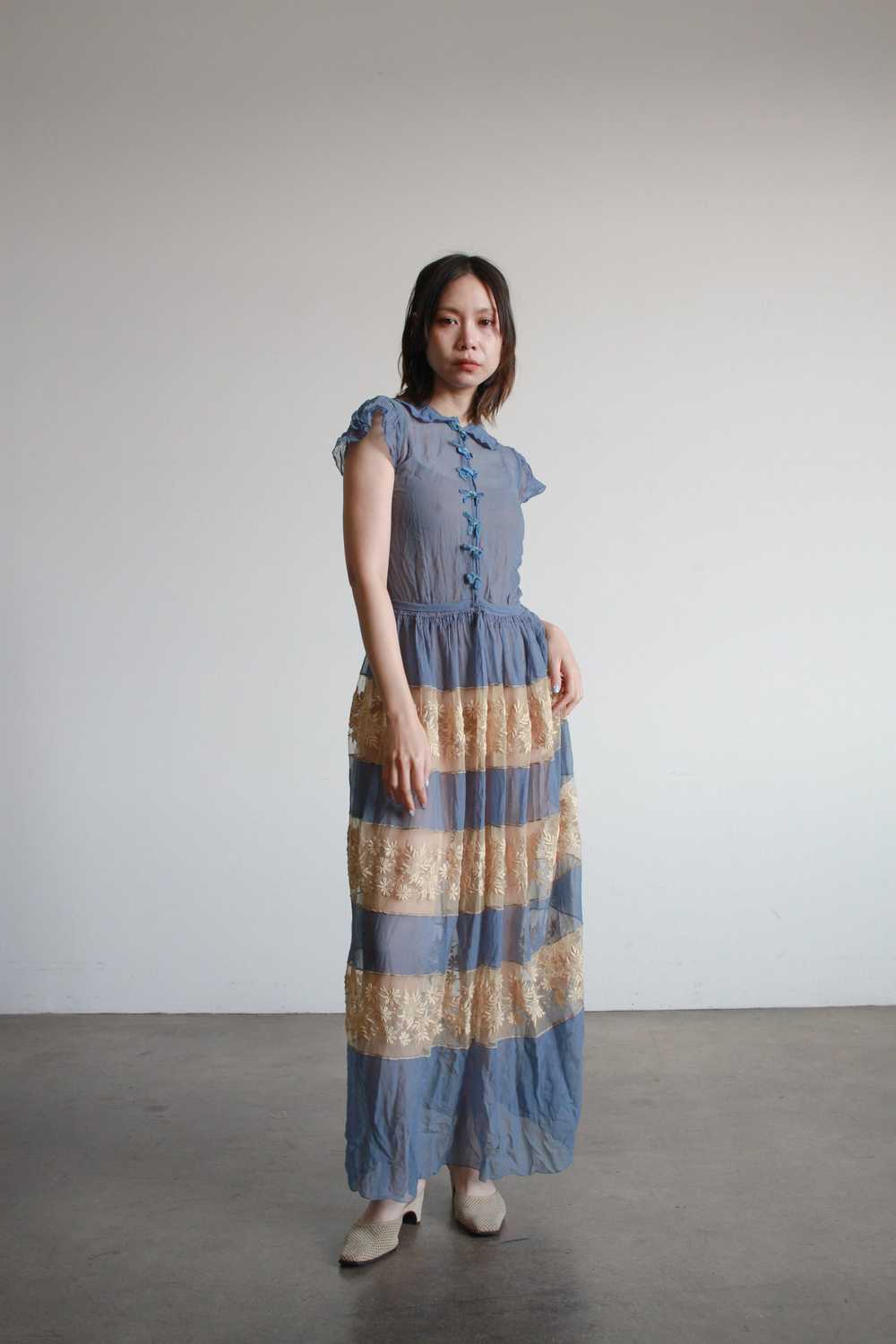 Antique Cerulean Silk Chiffon Lace Dress - image 3