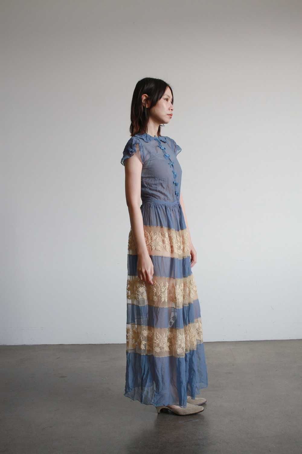 Antique Cerulean Silk Chiffon Lace Dress - image 4