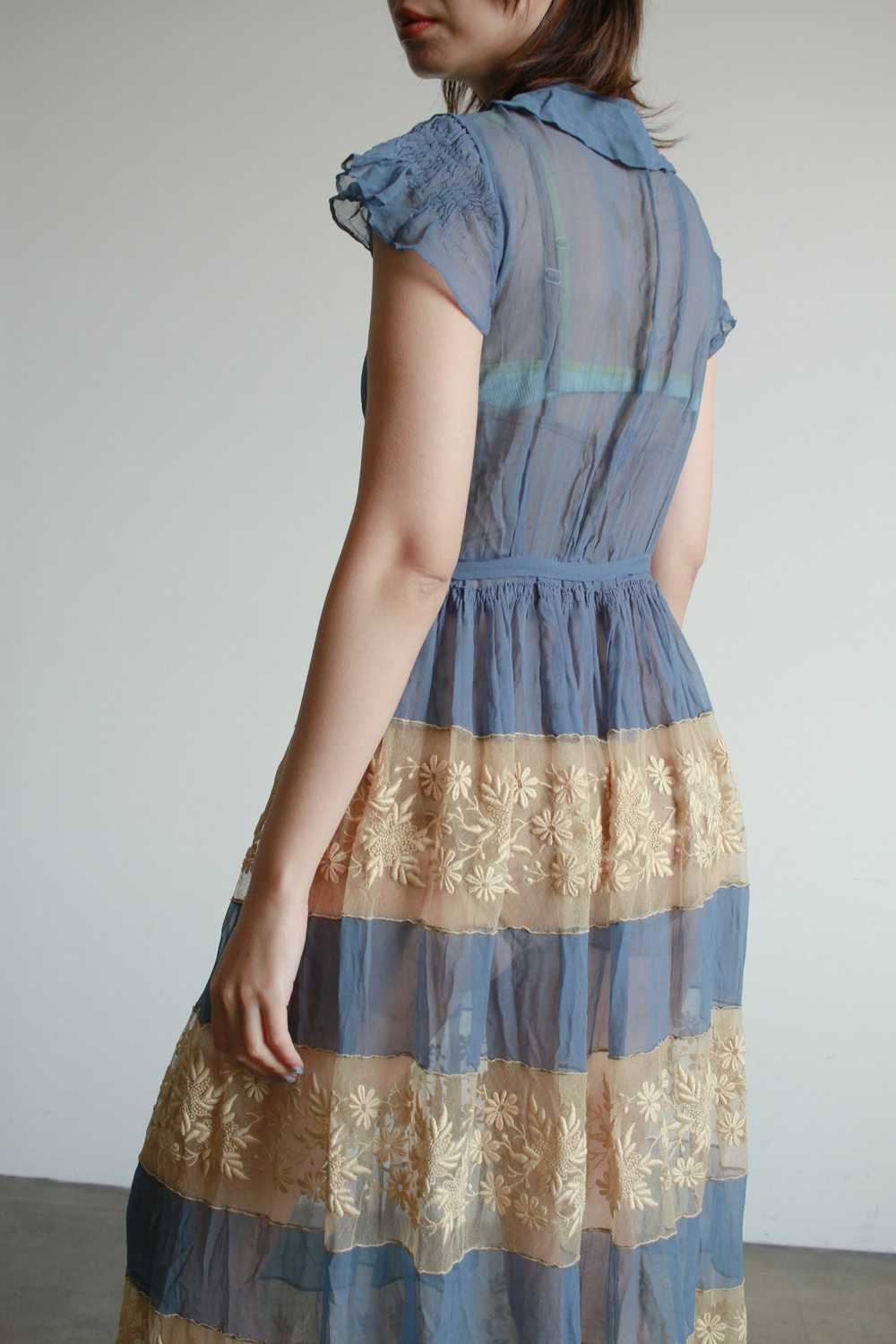 Antique Cerulean Silk Chiffon Lace Dress - image 6