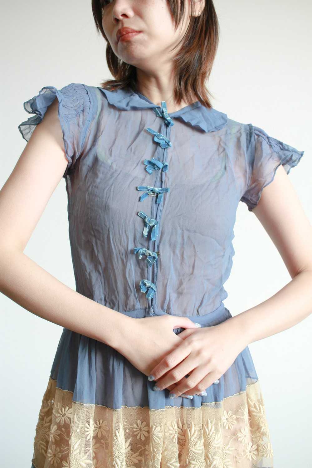 Antique Cerulean Silk Chiffon Lace Dress - image 8