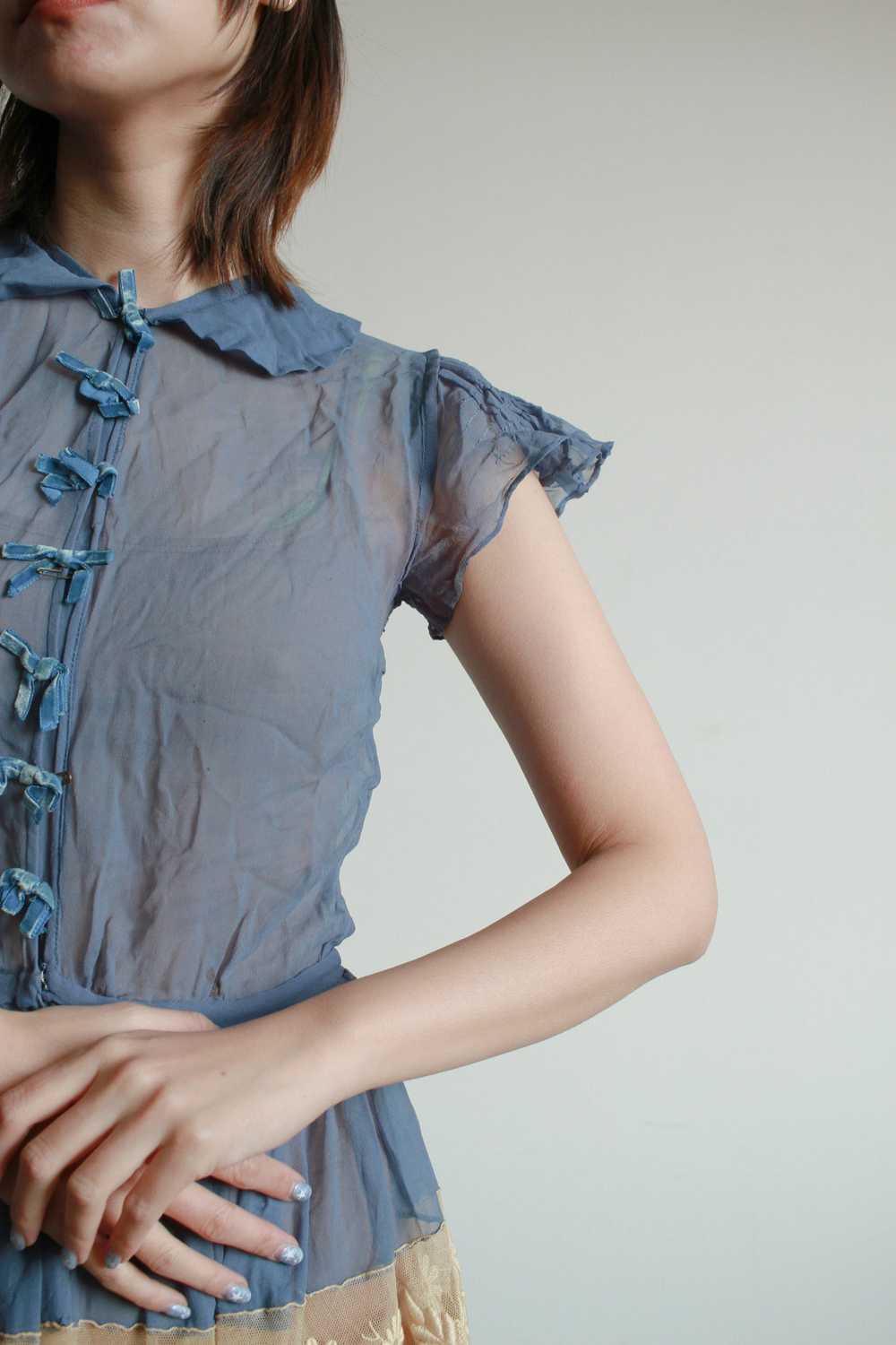 Antique Cerulean Silk Chiffon Lace Dress - image 9