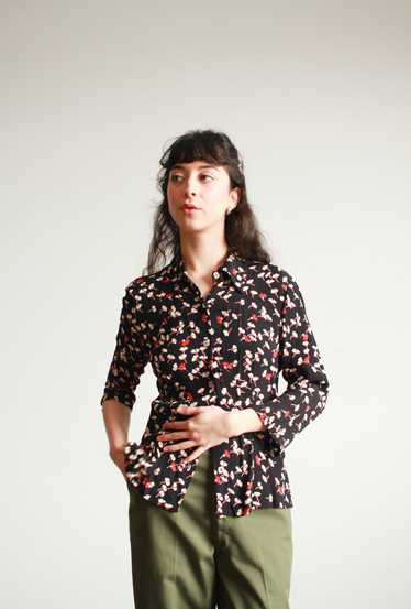 1990s Navy Print Crepe Rayon Blouse