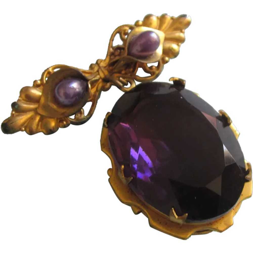 Exquisite Amethyst Glass GF Large Locket Brooch - image 1