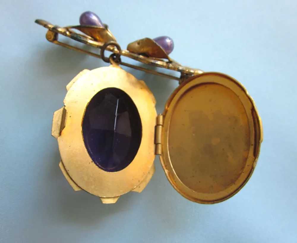 Exquisite Amethyst Glass GF Large Locket Brooch - image 2