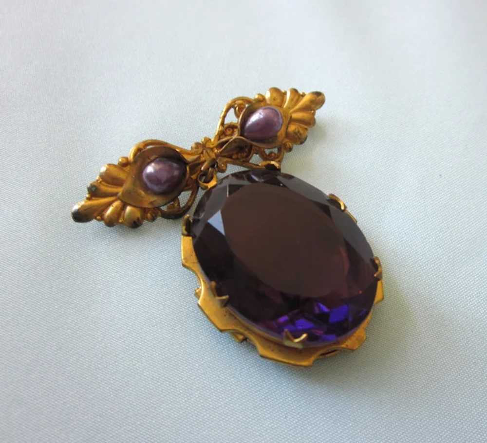 Exquisite Amethyst Glass GF Large Locket Brooch - image 5