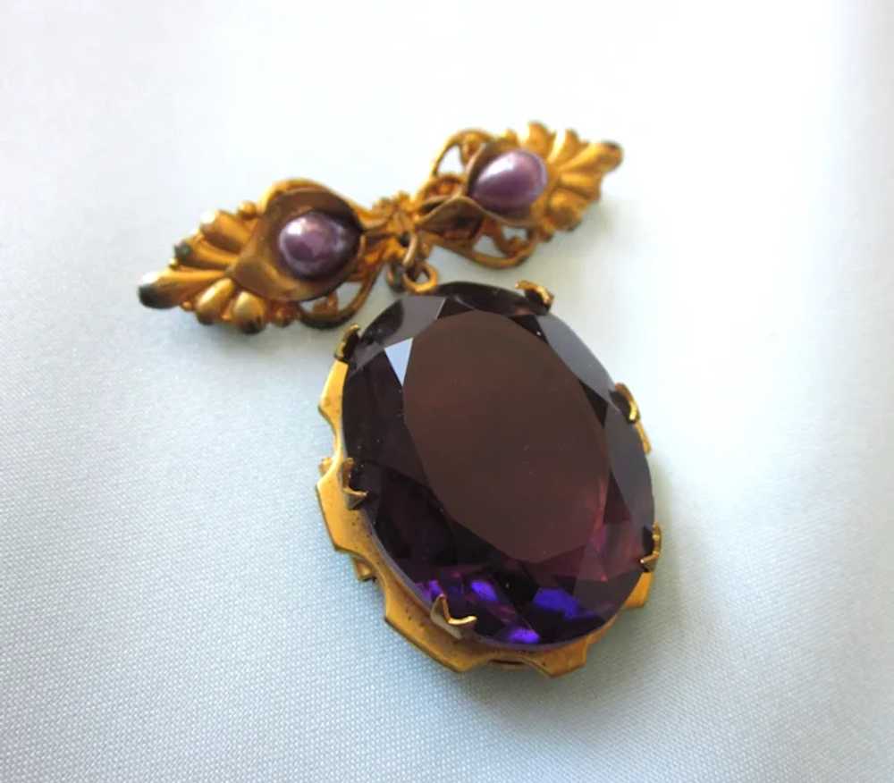 Exquisite Amethyst Glass GF Large Locket Brooch - image 7