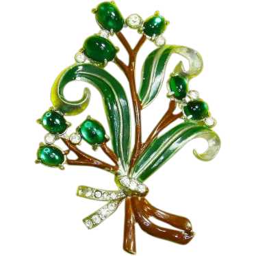 Green Glass Cabochon and Enamel Brooch – Pot Meta… - image 1