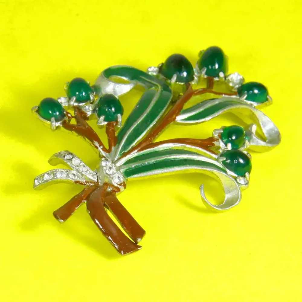 Green Glass Cabochon and Enamel Brooch – Pot Meta… - image 2