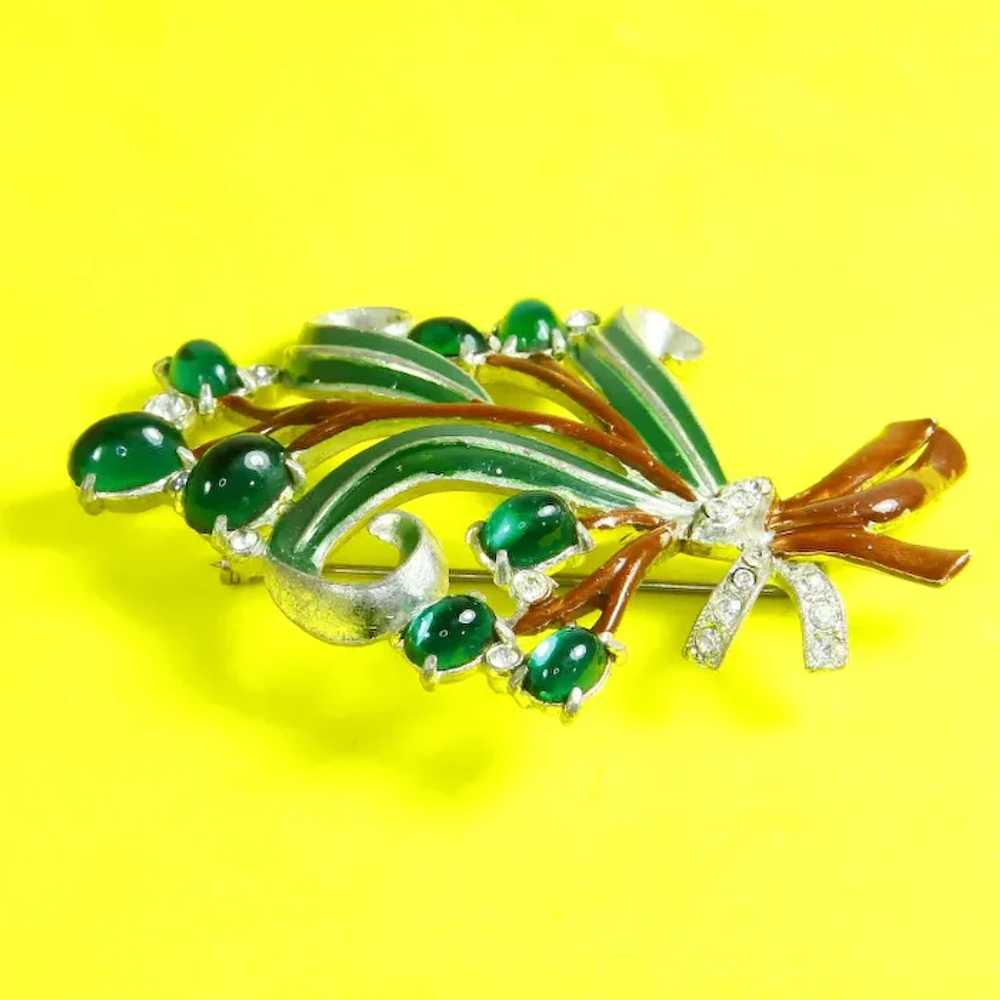 Green Glass Cabochon and Enamel Brooch – Pot Meta… - image 3