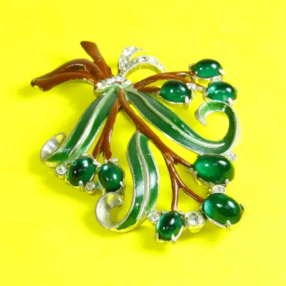 Green Glass Cabochon and Enamel Brooch – Pot Meta… - image 4
