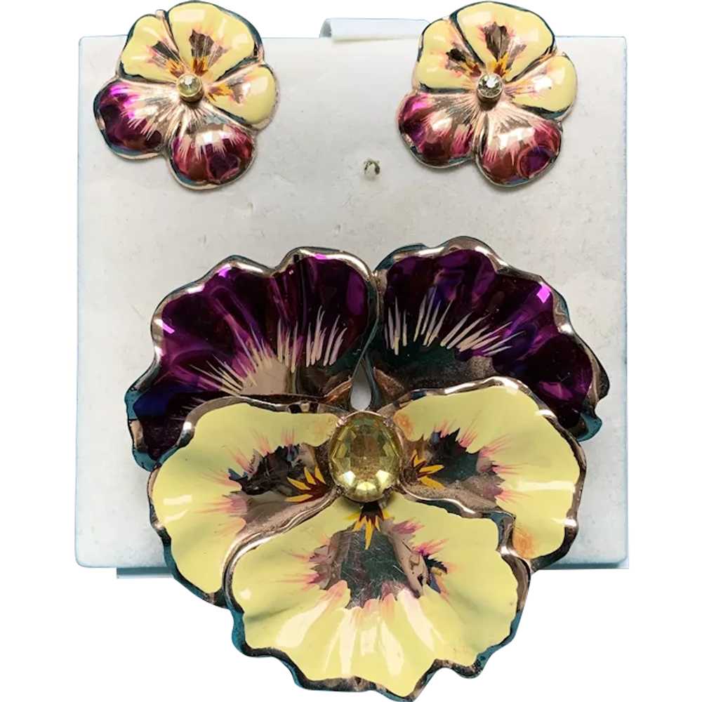 CORO Signed Large PANSY Sterling Silver Enamel Br… - image 1