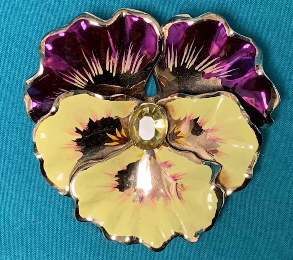 CORO Signed Large PANSY Sterling Silver Enamel Br… - image 2