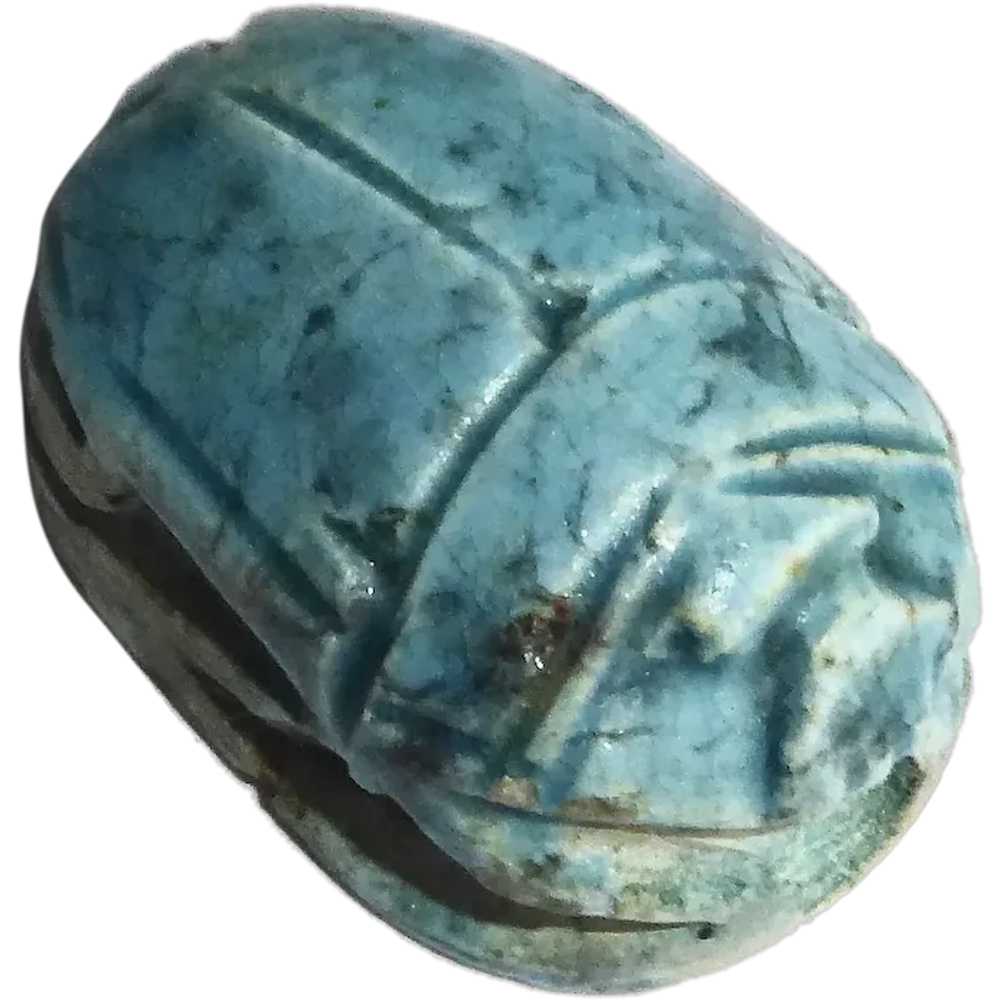 Egyptian Faience Large Carved Scarab Bead - image 1
