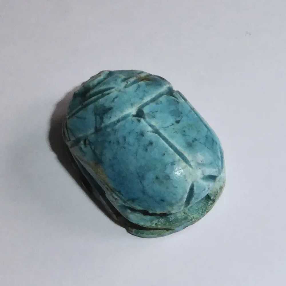 Egyptian Faience Large Carved Scarab Bead - image 2