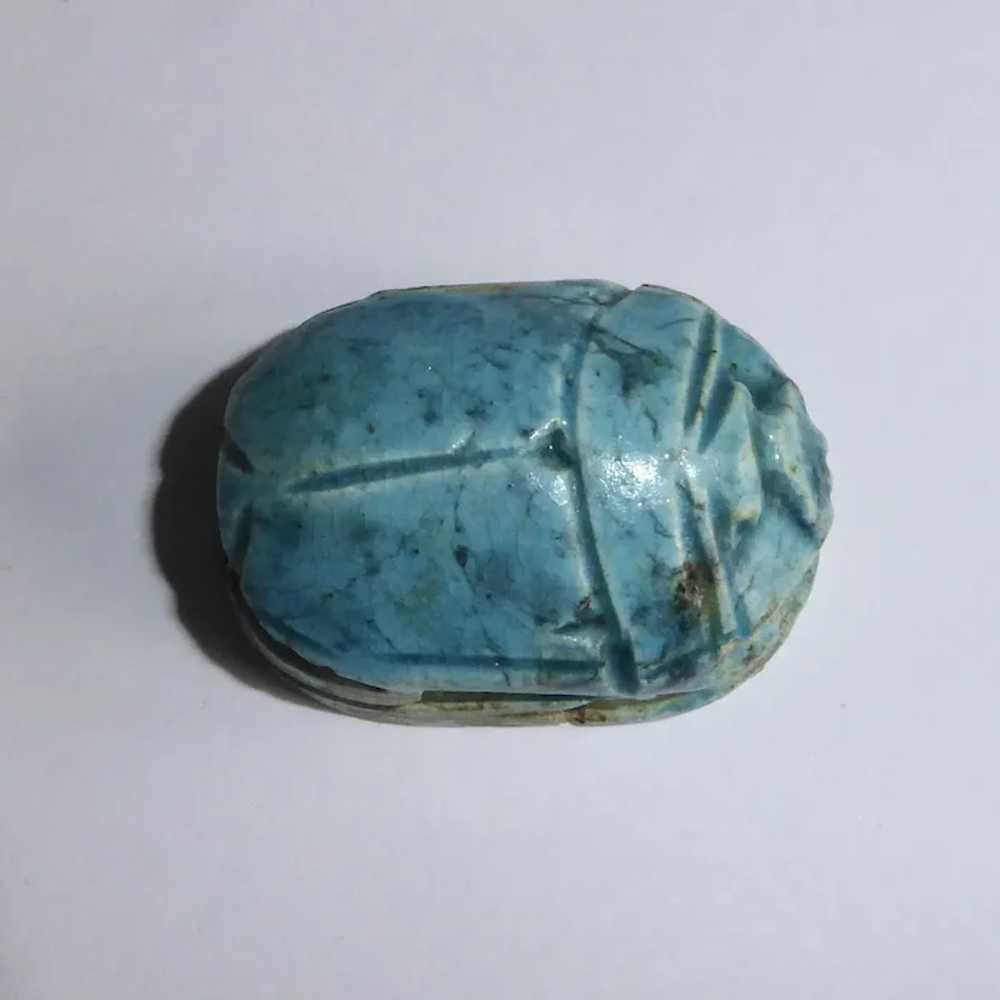Egyptian Faience Large Carved Scarab Bead - image 3