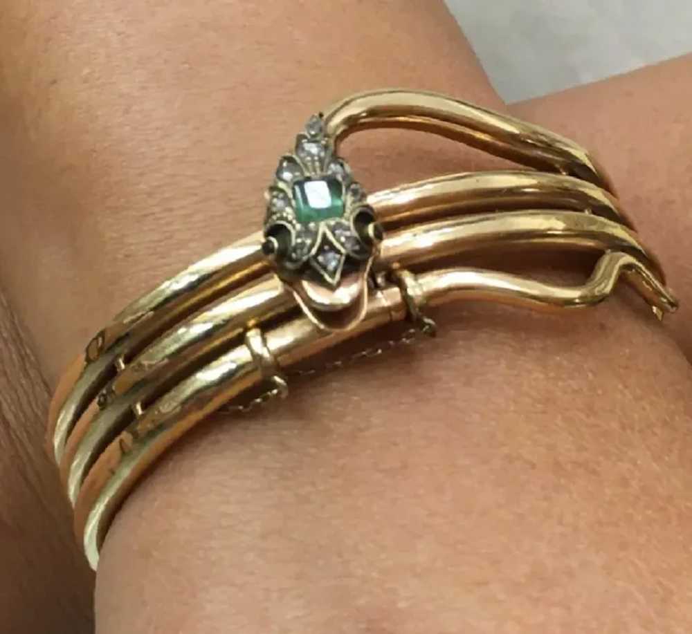 Edwardian Diamond Emerald Bangle Snake Bracelet S… - image 3