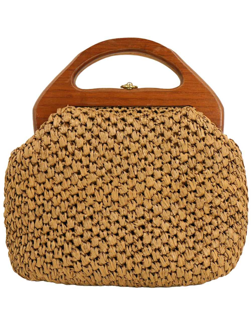 Brown Raffia Wooden Handle Vintage Grab Bag - image 1