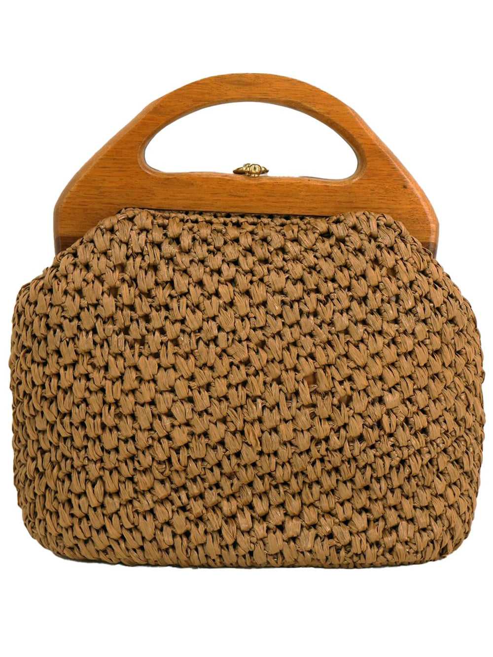 Brown Raffia Wooden Handle Vintage Grab Bag - image 3