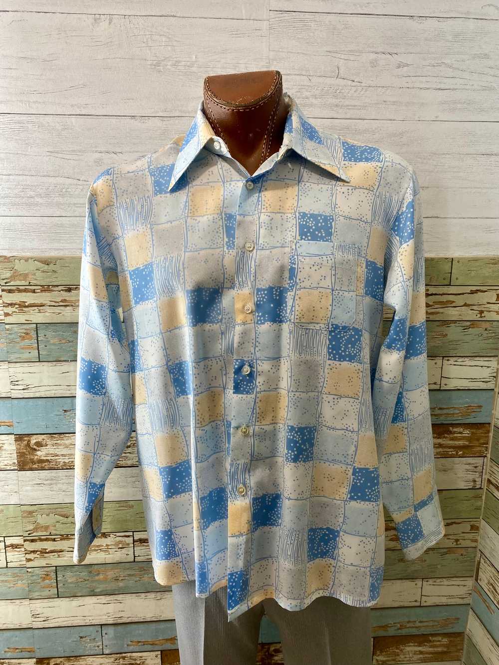 70’s Pale Blue & Peach Square Print Disco Shirt B… - image 1